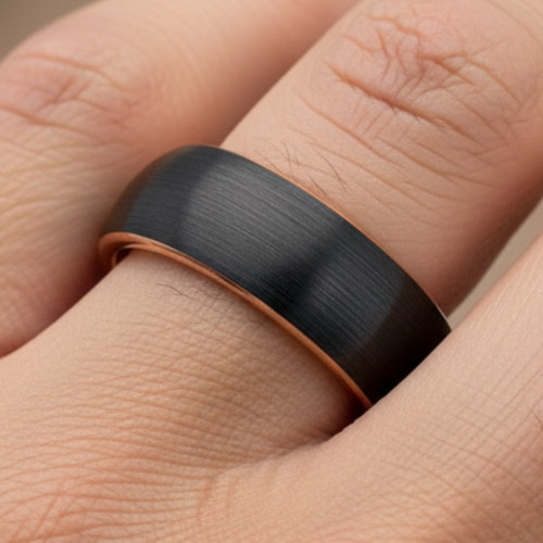 8mm Men’s Black & Rose Gold Tungsten Wedding Ring with Brushed domed Inlay Style
