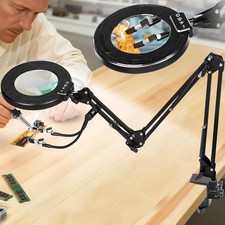 12X Magnifying Glass with Light Stand 3-Section Swing Arm LED Desk Lamp Clamp