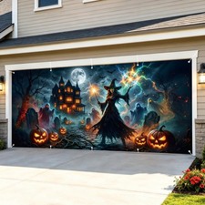 16 x 7 FT Halloween Garage Door Cover Banner Scary Witch Haunted House Backdrop