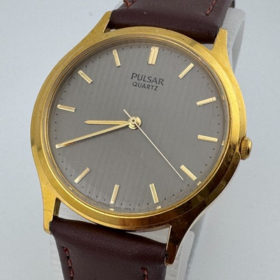 #ad Vintage Pulsar Japan Quartz Watch V501 7B00 Men Gold Tone Leather New Battery $34.99