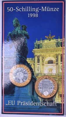 1998 Austria 50 Schilling Presidency of European Union Coin & Educational Card