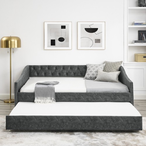 Full Size Daybed Bed Frame with Twin Size Trundle Upholstered Tufted Sofa Bed - Picture 6 of 14
