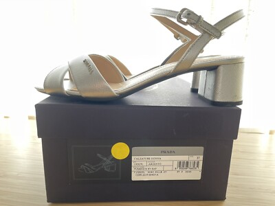 ♡NWB♡ Prada Womens Shoes leather sandals Heel silver PRADA SZ 37