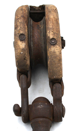 Vintage Wood Block & Tackle Pulley w/ Large Hook Cast Iron & Wood Offset Wheel - Picture 7 of 7