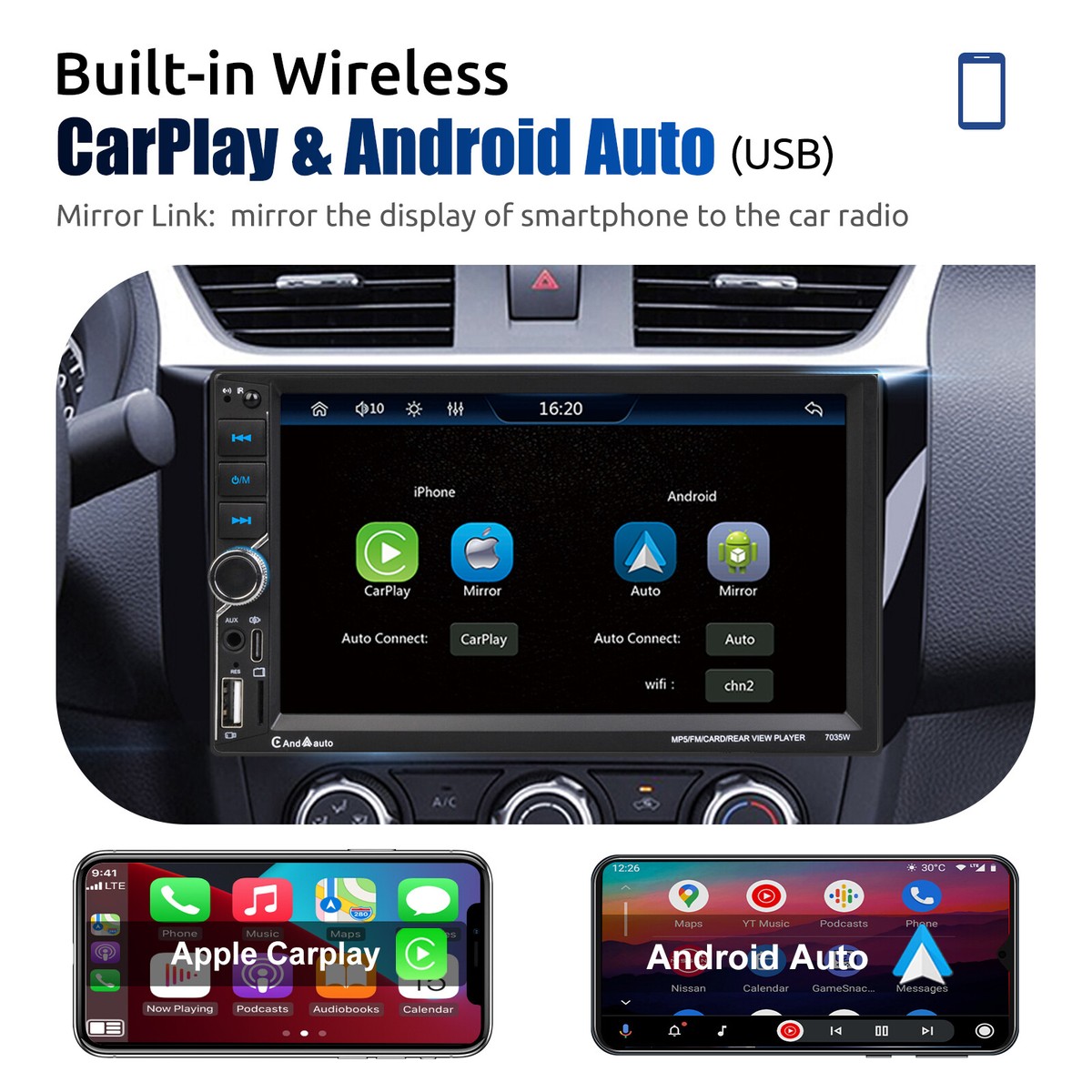Hodozzy 2 Din Android Auto Radio – 7 Inch Touchscreen – 2GB+64GB – Draadloze CarPlay & Android Auto – Met Achteruitrijcamera – GPS – Bluetooth – FM/RDS