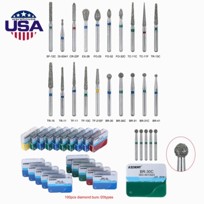 US 100pcs Dental Diamond Burs Kit for High Speed Handpiece Medium FG 1.6MM