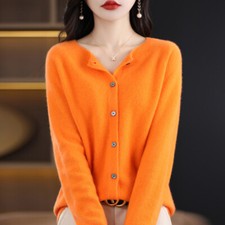 100 Wool Cashmere Women's Round Neck Loose Knit Cardigan Sweater Jacket Coat