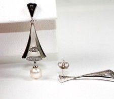 Orecchini Pendenti 585 Oro Bianco 14 Carato Perla Brillante 0,06 CT