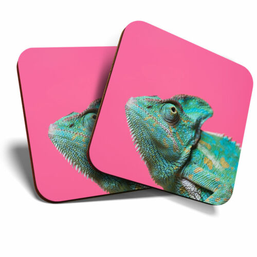 2 x Coasters - Green Chameleon Hot Pink Pop Art Home Gift #21327 - Picture 1 of 7