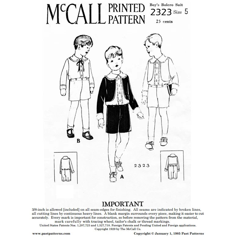 Past Patterns 2323 - Late 1920s Boys Bolero Suit Sewing Pattern for 5 Year Old - Image 2 of 3