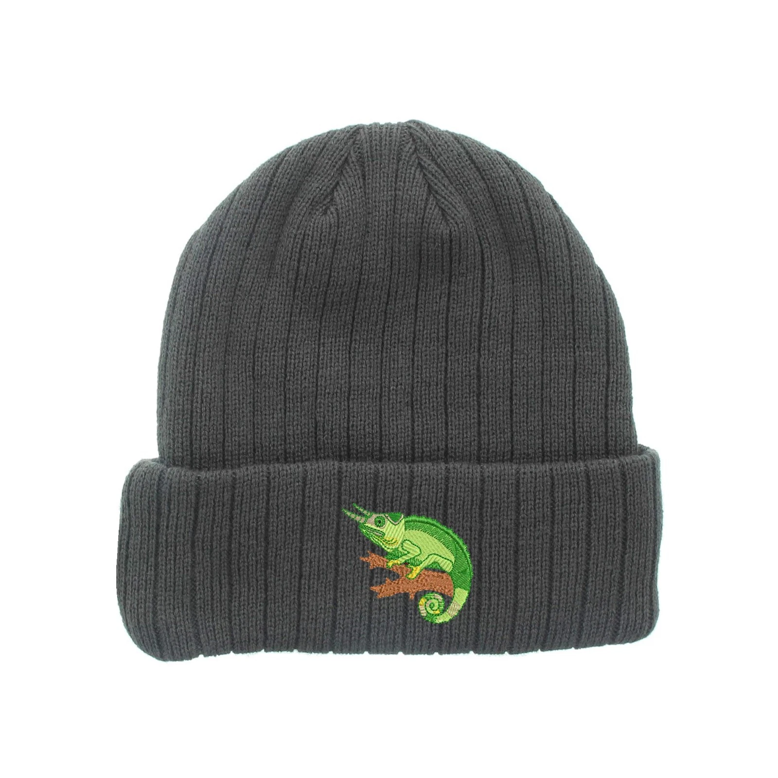 Wildlife Chameleon embroidered fleece beanie hat, insulated winter beanie hat