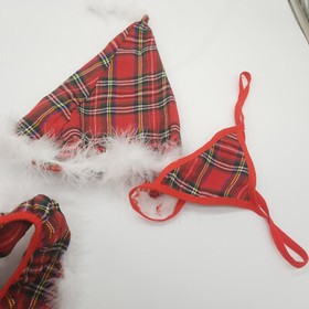 Womens Sexy Babydoll 4 pcs Lingerie Red Plaid Checked Holiday Christmas Theme