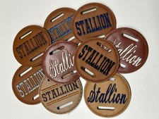 1 X  Bright Tan Shiny Leather STALLION 8cm  Bridle Disc Disk Badge White font