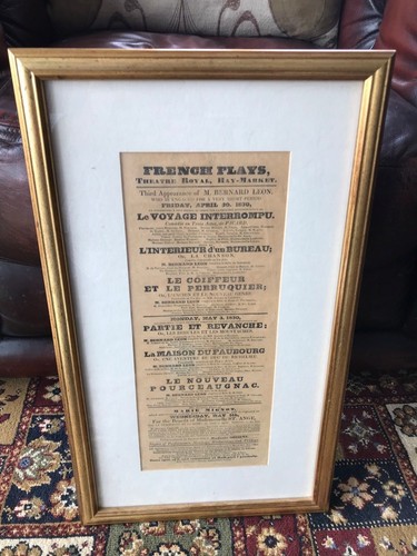 1830 french play bill  " mr bernard leon in le voyage interrompu " framed  - Picture 1 of 3