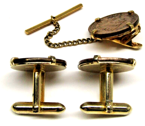 Indian Head Penny Cufflink Swank Vintage Matching Tie Clip Set Formal Wear - Picture 2 of 5