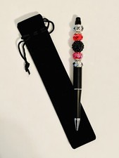 Homemade Beaded Black Ink Pen Silver Red Crystal Glass Beads 6