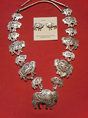 Navajo LLOYD BECENTI Buffalo Storyteller Necklace Earrings 30'' HUGE Ornate Fancy