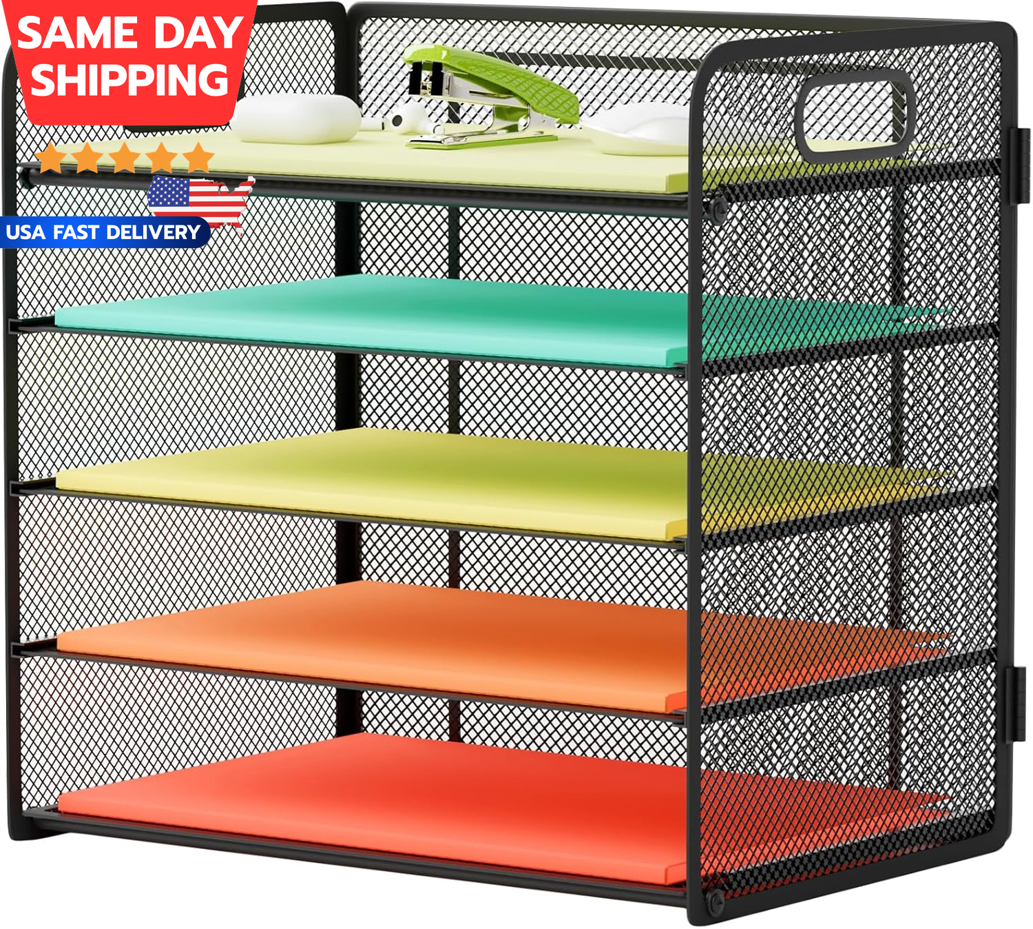 5 Tier Desktop Paper Tray Organizer with Handle for Documents and Letters