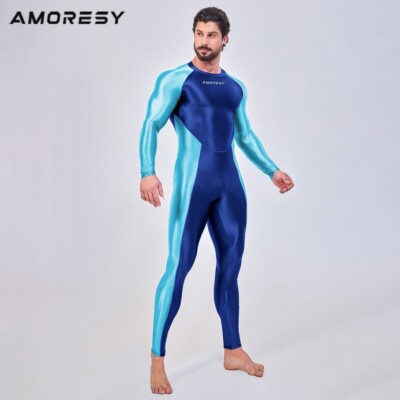 AMORESY　ブルー　Mサイズ AMORESY Men Smooth Tracksuits Leotards Fitness Rompers Zipper