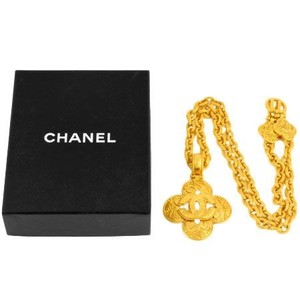 Authentic Chanel Necklace Coco Mark Clover Pendant 96A Gold Plated Women's Accessory w/Box