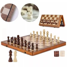 15" Magnetic Wooden Chess Checkers Set Folding Portable Chess Game Board New