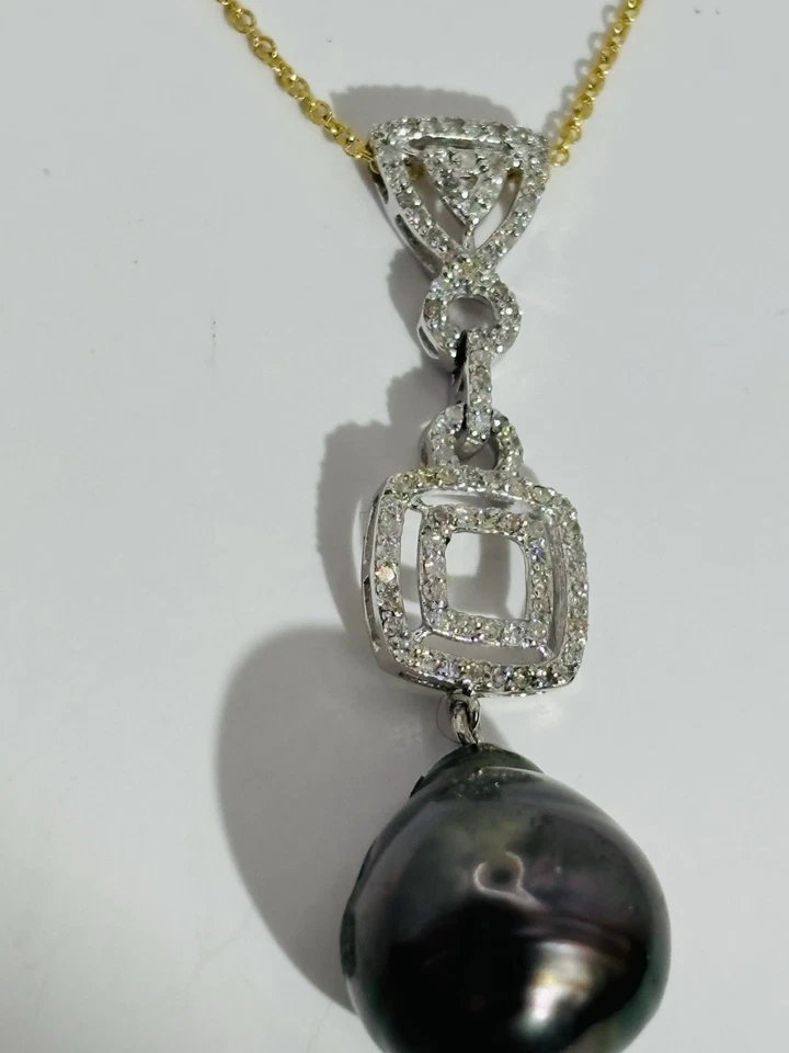 pearl necklace fine jewelry 14k natural pinctada black natural diamonds pendant - Image 2 of 4