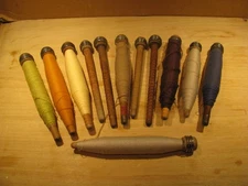 12 Vintage Antique Wooden Spools Textile Mill Thread Bobbins Spindles With Yarn!
