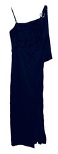 RTLS 160 ADRIANNA PAPELL NAVY BLUE 1 SHOULDER GOLD ACCENT GOWN SZ 4