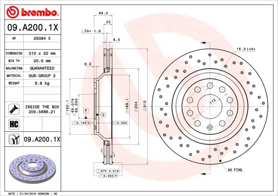 Disque de frein Brembo 09.A200.1X haute teneur en carbone pour Audi VW