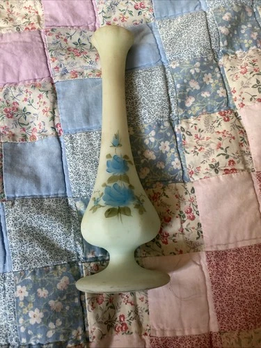 Fenton Singed￼ Had Painted ￼Blue Custard Glass 7 1/2 Inch Vase￼