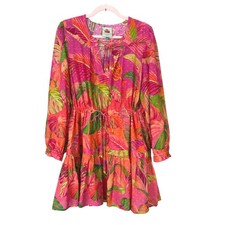 Farm Rio Pink Tropical Leaf Cheetah Print Mini Dress XL Long Sleeve Beaded Tie