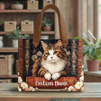 Personalized Cat Laying On Stack Books Tote Bag, Quilted Cat Bag, Custom Name Gi