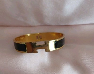 Hermes Clic H Bracelet Bangle Black Enamel Gold Plated PM QCP Stamp Authentic