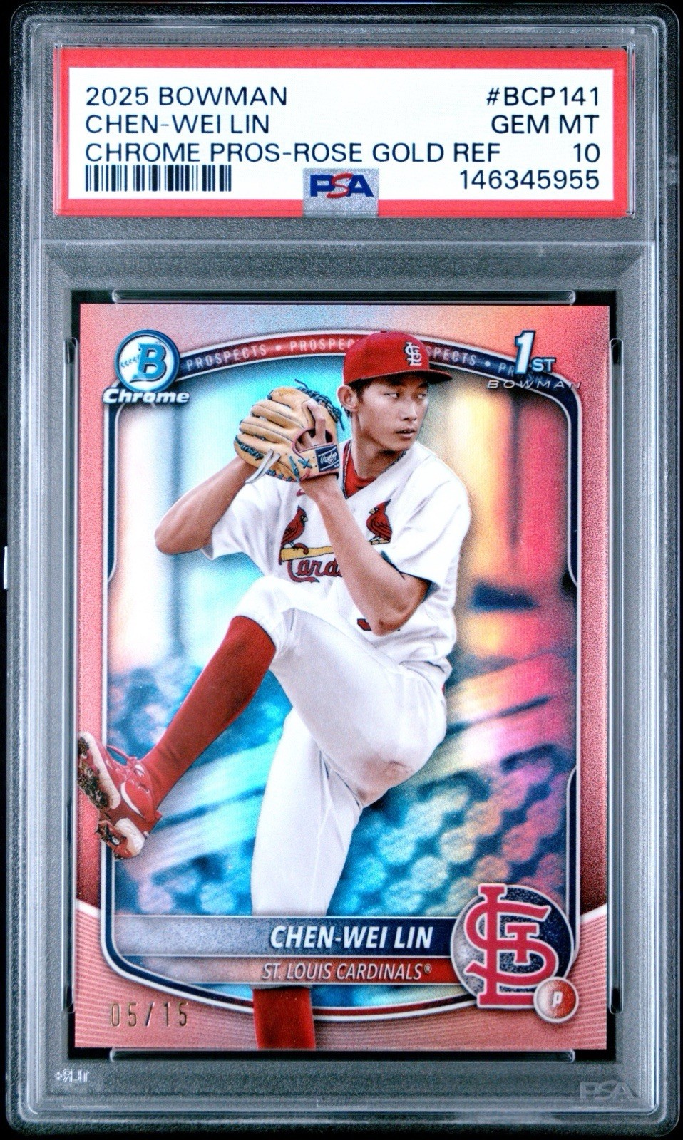 Chen-Wei Lin Bowman Chrome 2025 1st Chrome Rose Gold /15 Prospect PSA 10 POP 2
