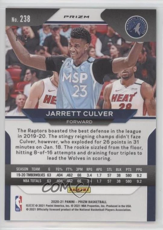 2020-21 Panini Prizm Green Shimmer Prizm /5 Jarrett Culver #238 - Image 2 of 2