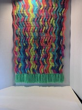 Vintage Afghan Rainbow Colors Crochet Throw Blanket Zig Zag Retro Classic Fringe