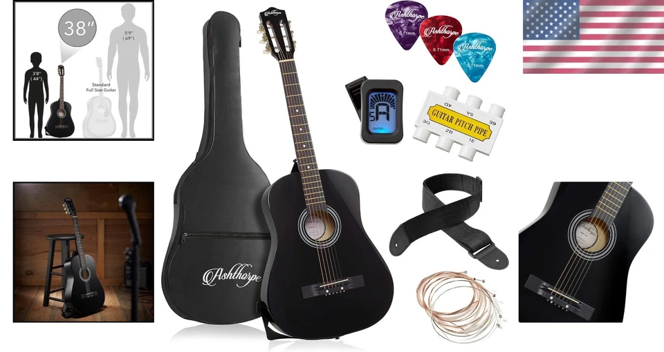 Black Acoustic Guitar Beginner Kit 38" with Gig Bag & Tuner - Image 2 of 4