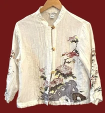 Vintage Citron Santa Monica Embroidered Linen Silk Mandarin Collar Boho Blouse