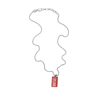 Diesel Dx1368 Stainless Steel Logo Dog Tag Necklace Red Silver 