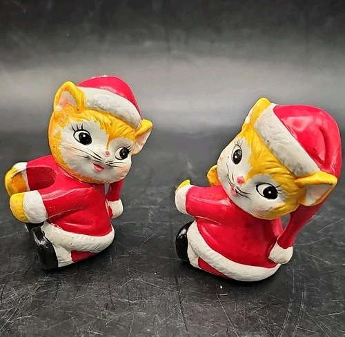 Vintage Christmas Cat Taper Candle Huggers Figurines Set of 2 Made in Taiwan 3"