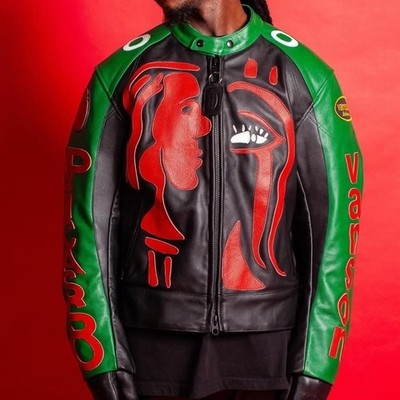 Pica sso Van son Black Motorcycle Cowhide Leather Jacket Face Frame Work