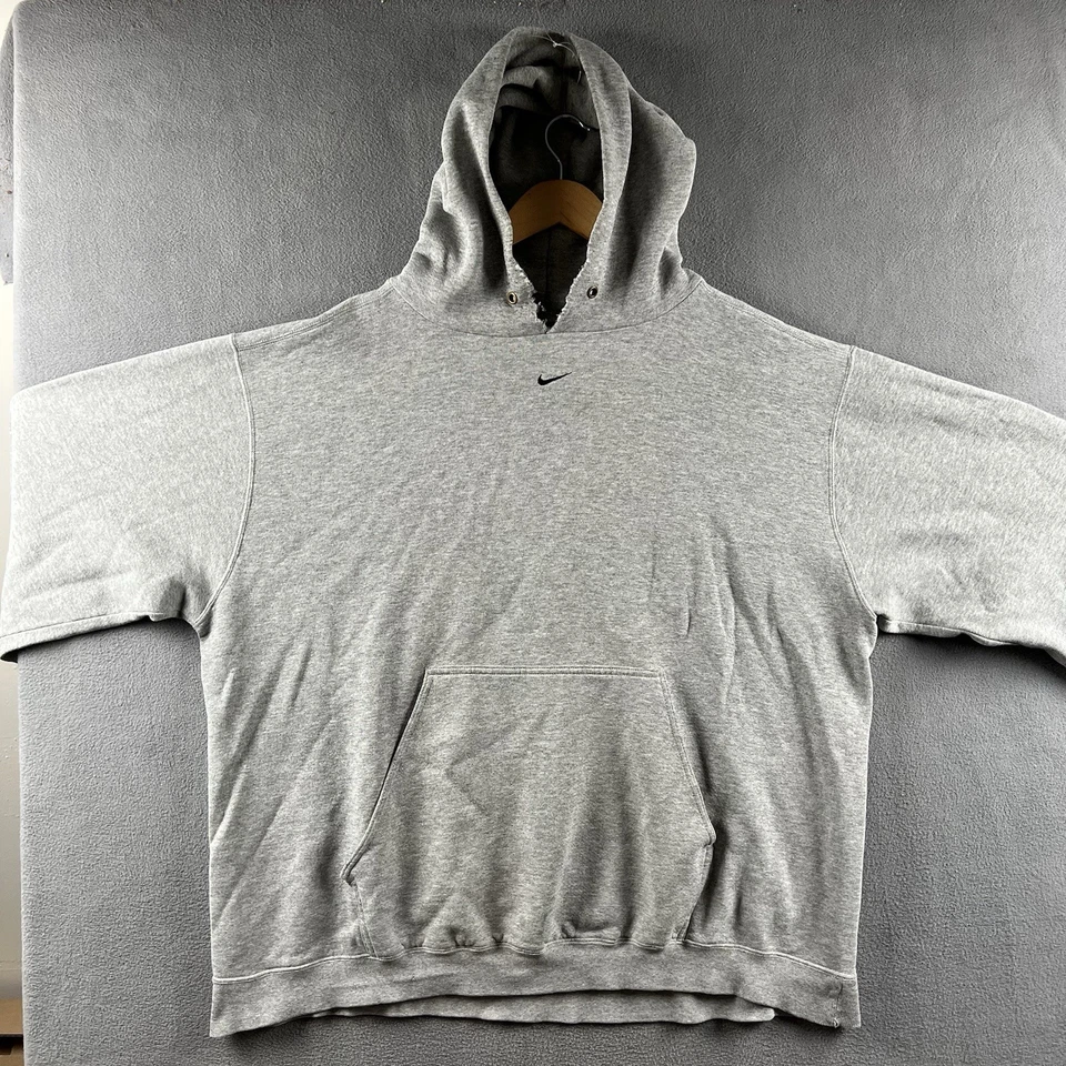 Moletom com capuz vintage Nike masculino XXL cinza centro Swoosh anos 90 desgastado folgado - Imagem 2 de 4