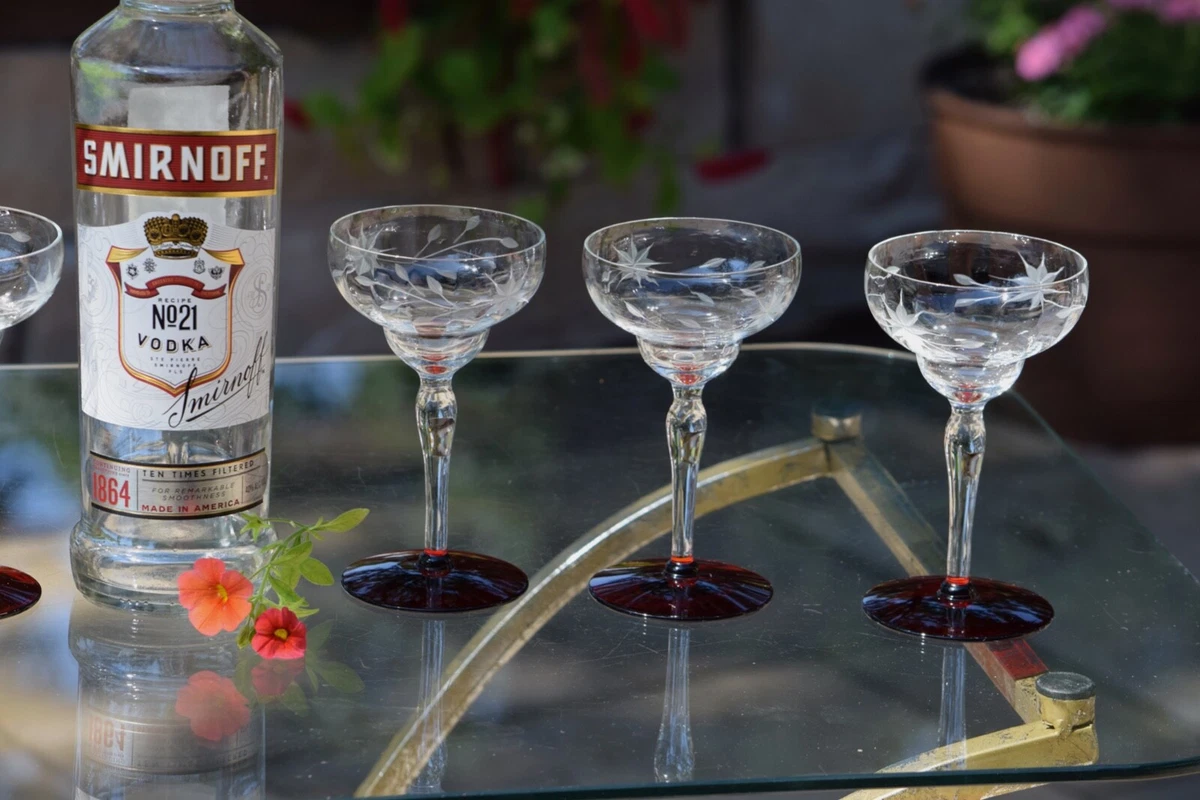 6 Vintage Etched Red Cocktail Glasses 1950 s Vintage 4 oz Small Cocktail Glass