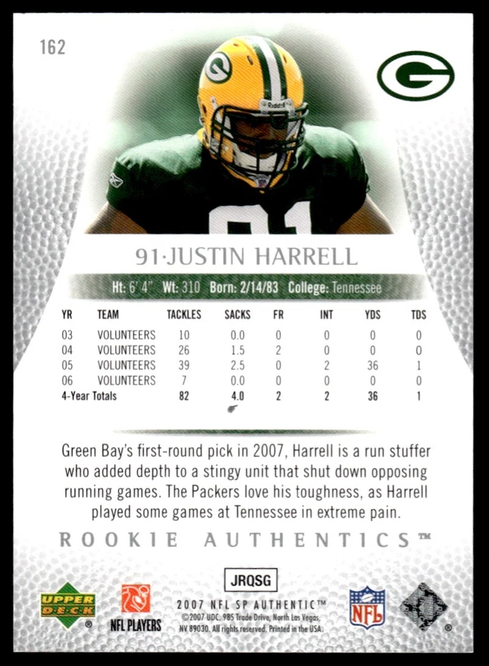 2007 SP Authentic Justin Harrell Rookie 328/999 Green Bay Packers #162 R87 - Image 2 of 2