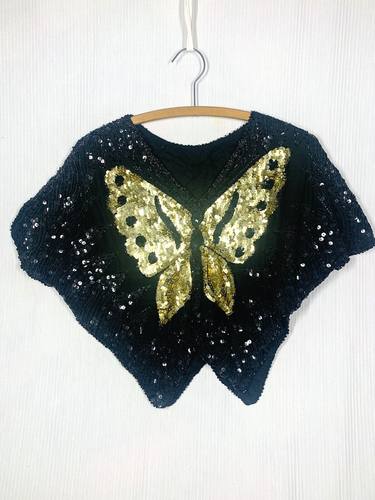 Vtg 70s 80s Butterfly Crop Top S Sparkly Gold Sequin Beaded Unique Cotton Lined - Picture 3 of 5