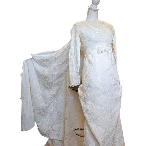 Vintage 50s 60s Womens Size 0 Ivory Wedding Gown Longsleeve Attached Cape Train - Picture 5 of 16