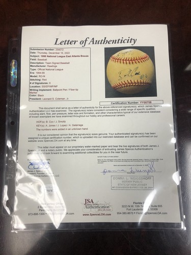 Atlanta Braves Autograph Baseball J.Smoltz B.Cox A. Jones J.Lopez Others JSA COA - Picture 15 of 15