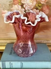Fenton Cranberry Glass Snow Crest Spiral Optic Ruffled Vase 6.75”
