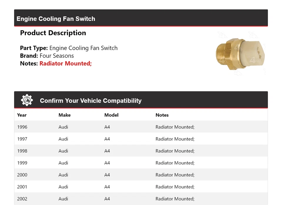 Interruptor de ventilador de refrigeração do motor Audi A4 1996-2002 4 estações 1997 1998 1999 2000 - Imagem 2 de 4