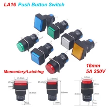 Push Button 16mm Switch Momentary 5A 250V Illuminated Round Square Rectangula